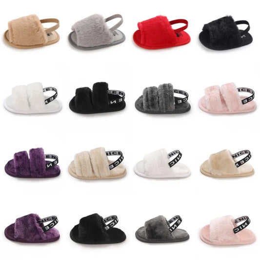 Plush Faux Fur Baby Sandals with Elastic Back Strap