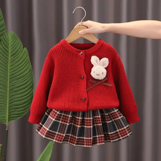 Plush Bunny Knit Cardigan & Plaid Skirt Set for Girls