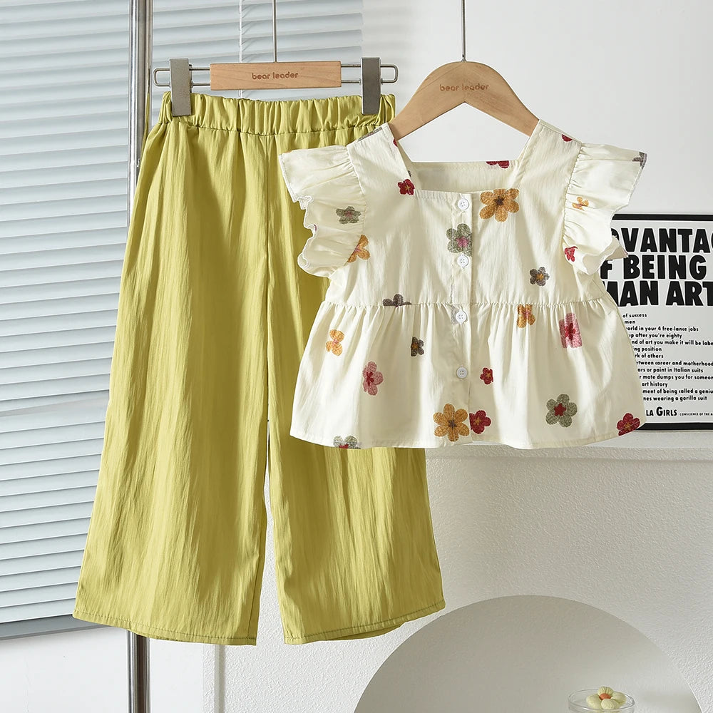 Floral Flutter-Sleeve Top & Wide-Leg Pants Set