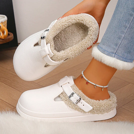 Faux Fur-Lined Buckle Clog Slippers for Girls