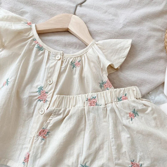 Embroidered Floral Flutter-Sleeve Top & Ruffle Shorts Set for Girls