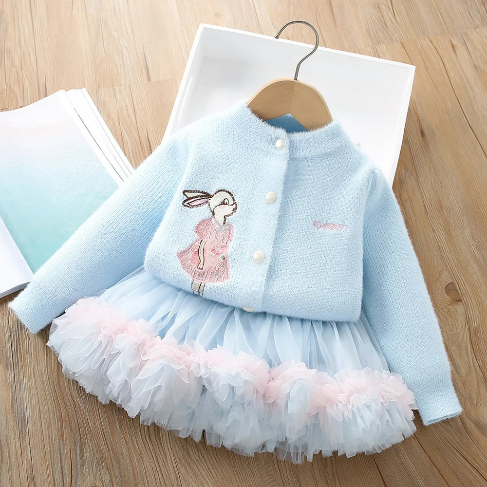 Bunny Bloom Knit Cardigan & Ruffle Tutu Skirt Set for Girls