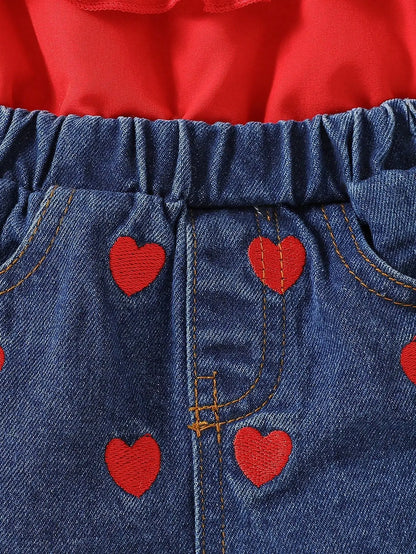 Heart & Ruffle Girls’ Summer Top and Denim Shorts Set