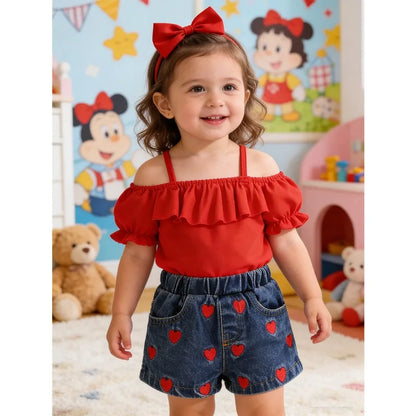 Heart & Ruffle Girls’ Summer Top and Denim Shorts Set