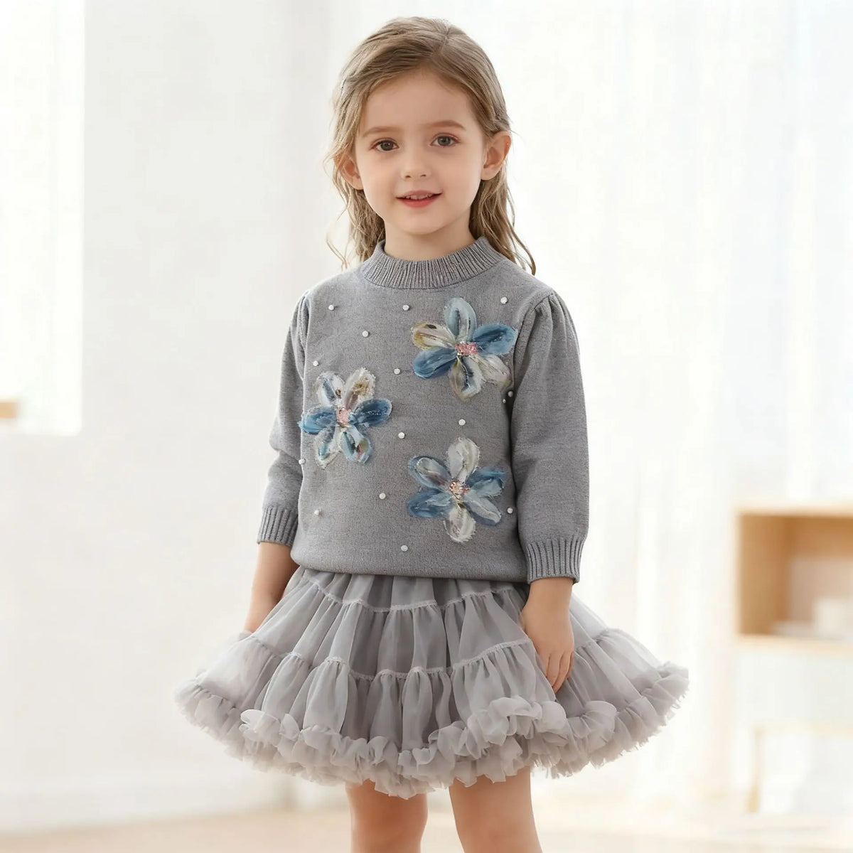 Pastel Petal Knit Sweater & Ruffle Tutu Skirt Set for Girls