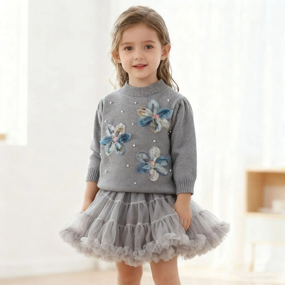 Pastel Petal Knit Sweater & Ruffle Tutu Skirt Set for Girls