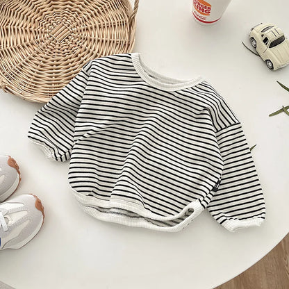 Striped Layering Tee & Denim Shortall Romper Set
