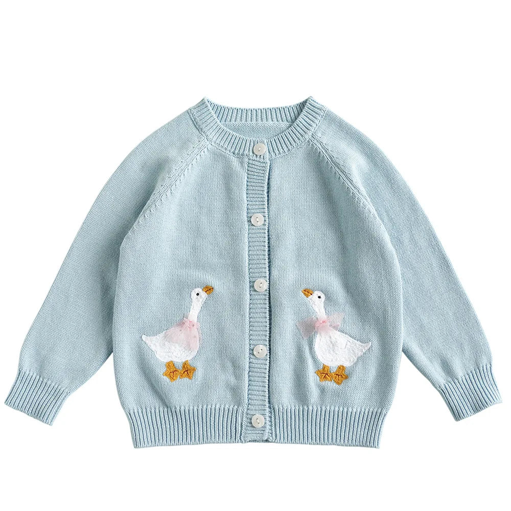 Baby & Toddler Girls Cotton Knit Cardigan (2–6 Years) – Button-Front Sweater with Duck Embroidery