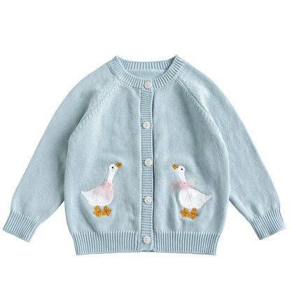 Baby & Toddler Girls Cotton Knit Cardigan (2–6 Years) – Button-Front Sweater with Duck Embroidery