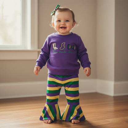 Embroidered Sweatshirt & Striped Flare Pants Set for Girls