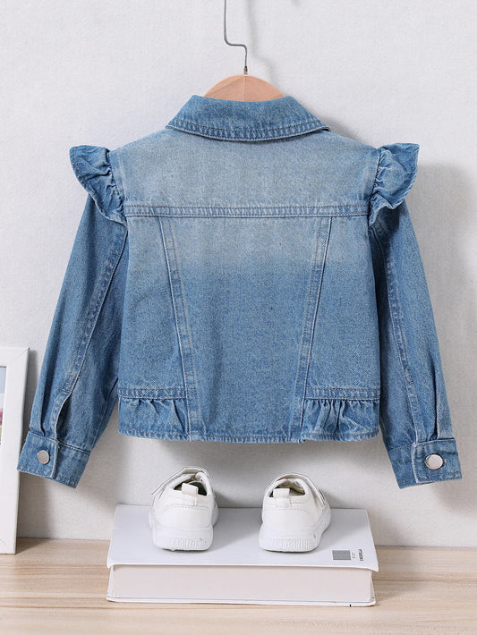 Girls Ruffle Sleeve Denim Jacket – Lightweight Washed Blue Button Jacket (Ages 4–7)
