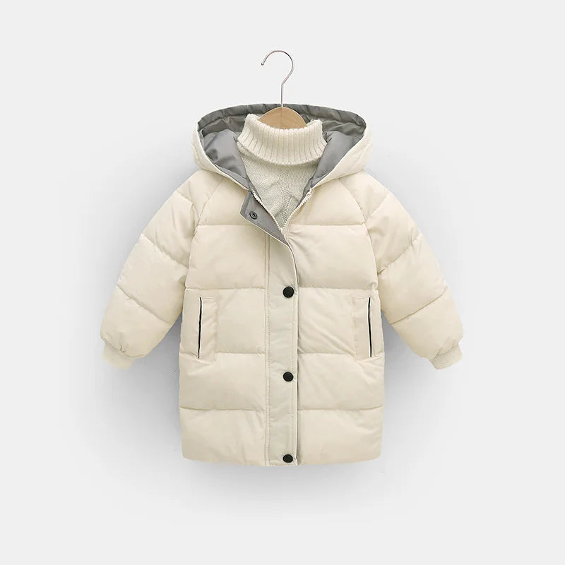 Hooded Winter Puffer Coat for Kids – Warm, Wind-Resistant Long Jacket