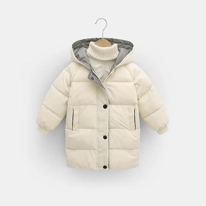 Hooded Winter Puffer Coat for Kids – Warm, Wind-Resistant Long Jacket