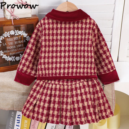 Burgundy Plaid Bow Jacket & Pleated Skirt Set for Girls