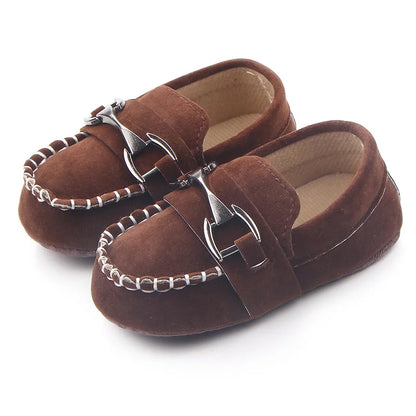 Metal Buckle Suede-Look Baby Loafers with Contrast Stitching