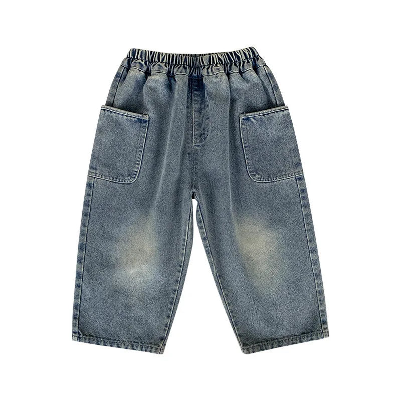 Washed Patch-Pocket Loose Jeans for Boys