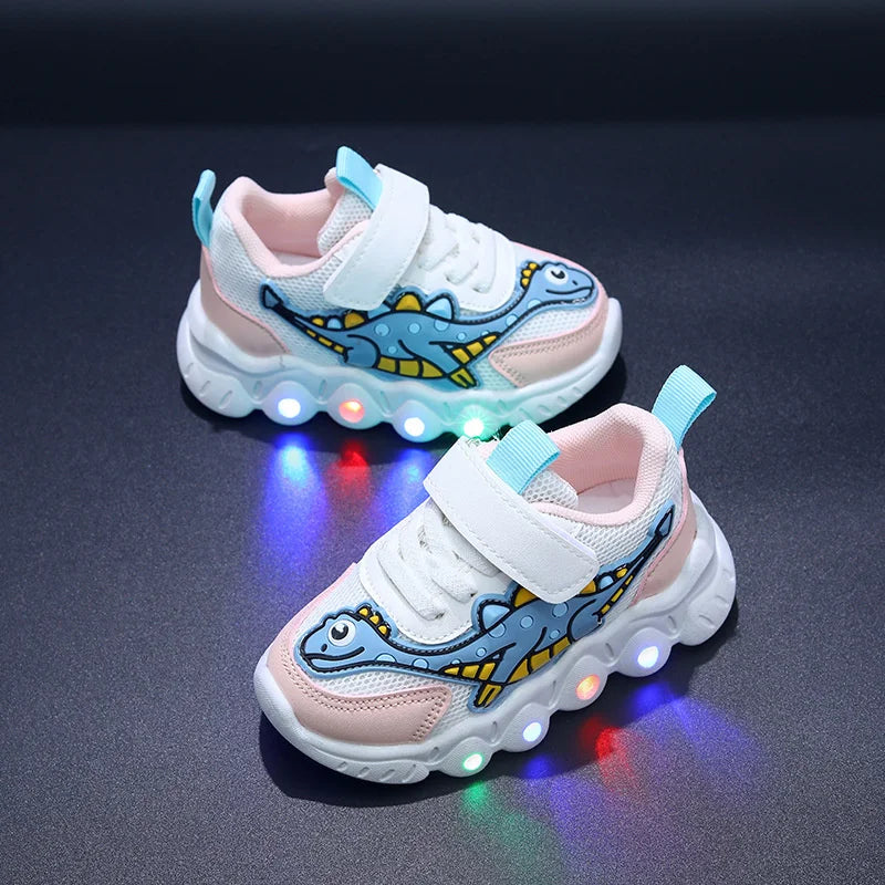 Kids Dinosaur LED Light-Up Sneakers with Hook-and-Loop Strap