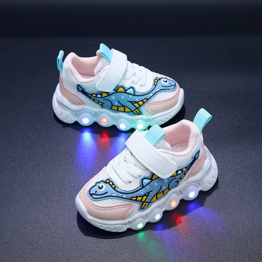 Kids Dinosaur LED Light-Up Sneakers with Hook-and-Loop Strap