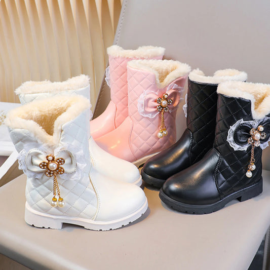 Quilted Bow Plush-Lined Ankle Boots for Girls