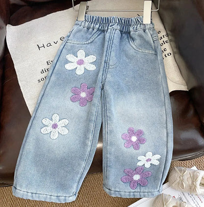 Floral Embroidered Fleece-Lined Wide-Leg Jeans for Girls