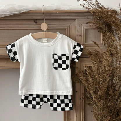 Black & White Checkerboard Tee & Shorts Set for Boys