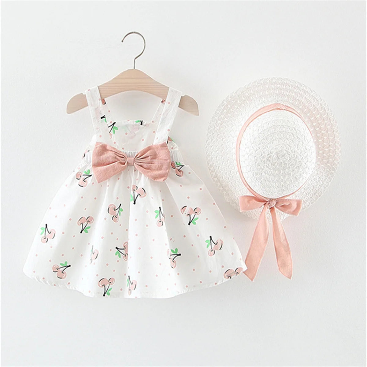 Cherry Picnic Bow Sundress & Ribbon Sun Hat Set for Baby Girls