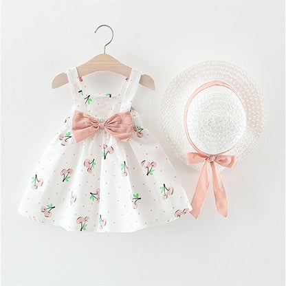 Cherry Picnic Bow Sundress & Ribbon Sun Hat Set for Baby Girls