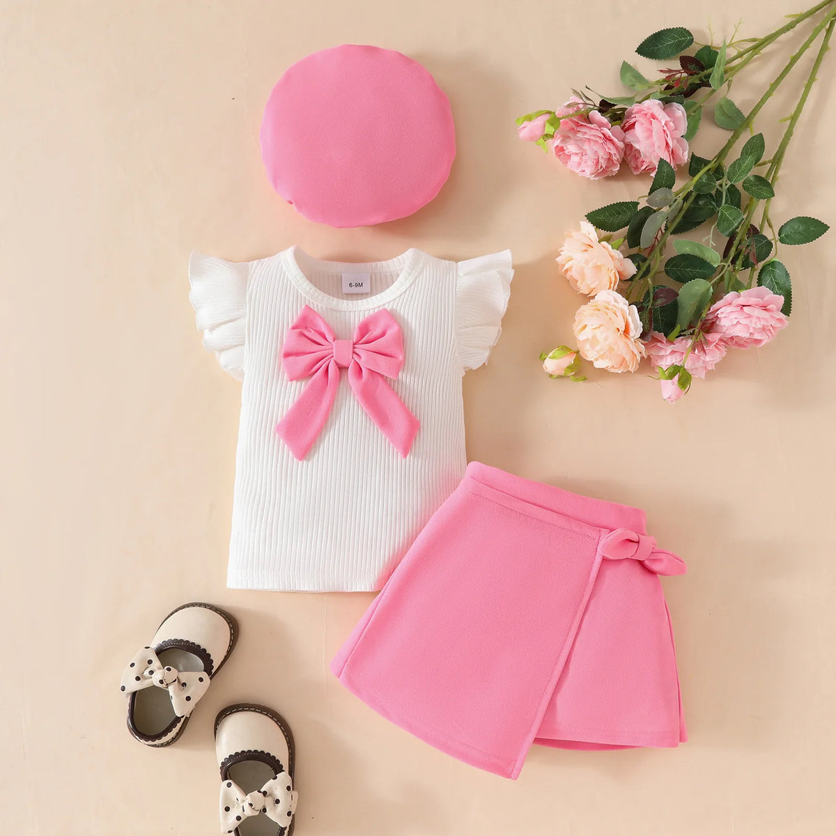 Floral Appliqué Ribbed Top & Pleated Shorts Set for Girls