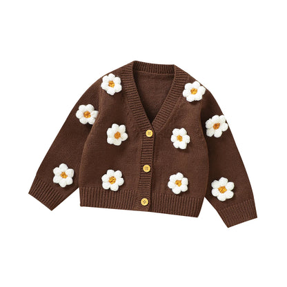 3D Daisy V-Neck Knit Cardigan for Baby Girls