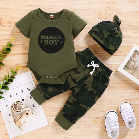Camo “Mama’s Boy” Bodysuit, Joggers & Hat Set