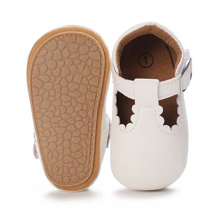 Scalloped T-Strap Baby Mary Jane Shoes with Bows & Cutout Details