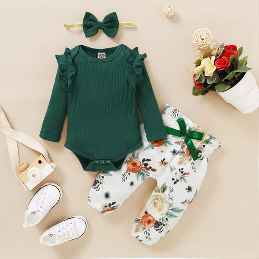 Ruffle-Sleeve Bodysuit, Printed Pants & Bow Headband Set for Baby Girls