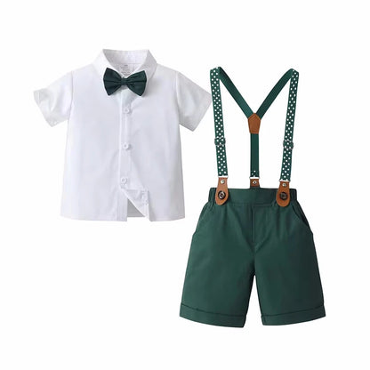 4-Piece Boys Formal Set – Bow Tie Shirt, Star Suspenders & Shorts for Weddings