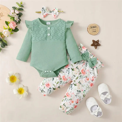 Floral Ribbed Bodysuit, Pants & Bow Headband Set for Baby Girls