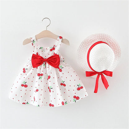 Cherry Picnic Bow Sundress & Ribbon Sun Hat Set for Baby Girls