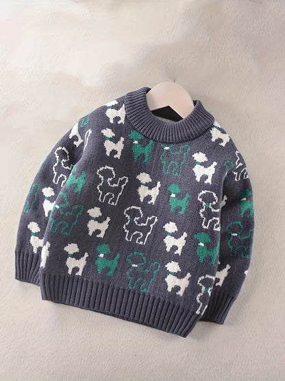 Fleece-Lined Knit Pullover for Boys – Cozy Cartoon Sweater for Fall & Winter