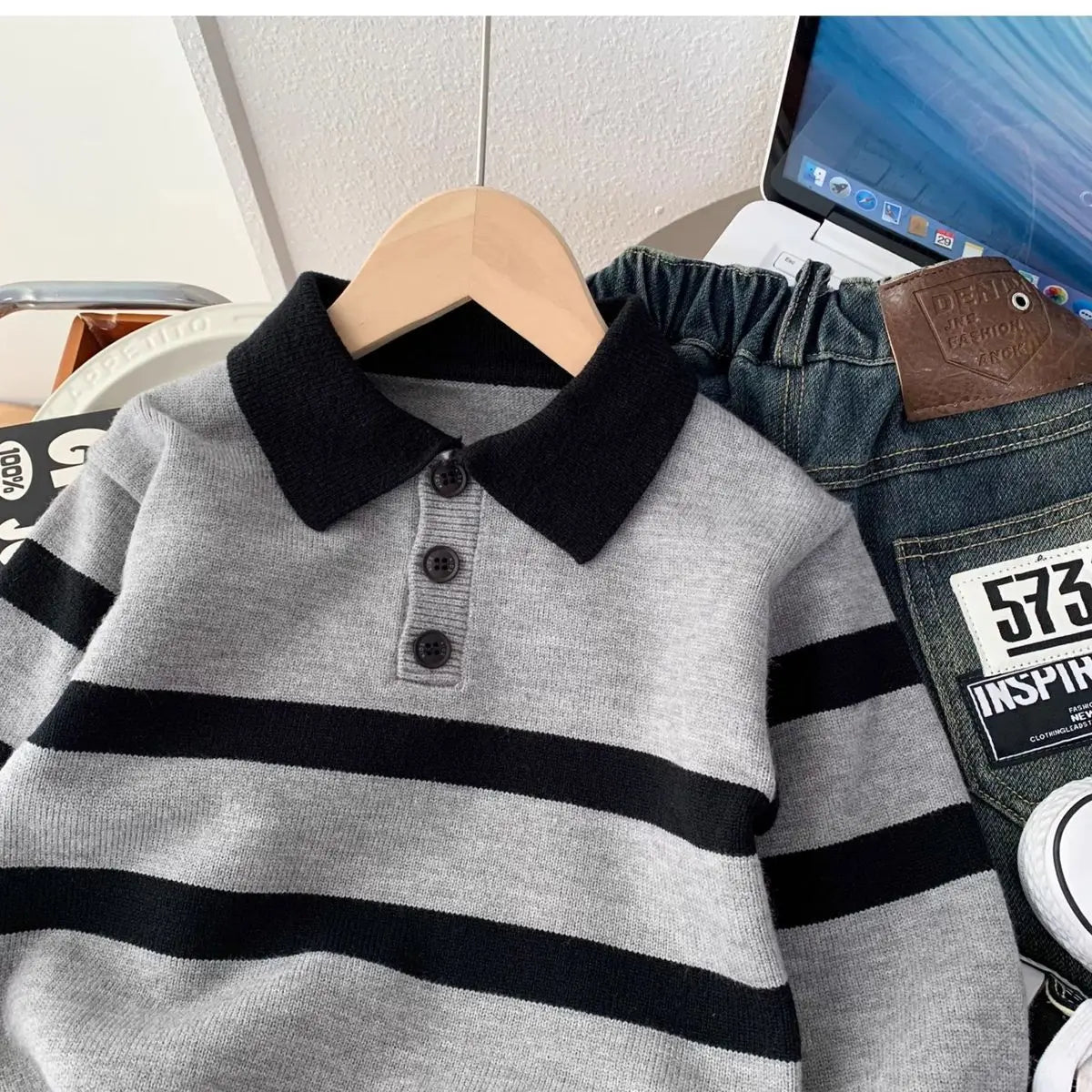 Gray & Black Striped Knit Polo Sweater for Kids