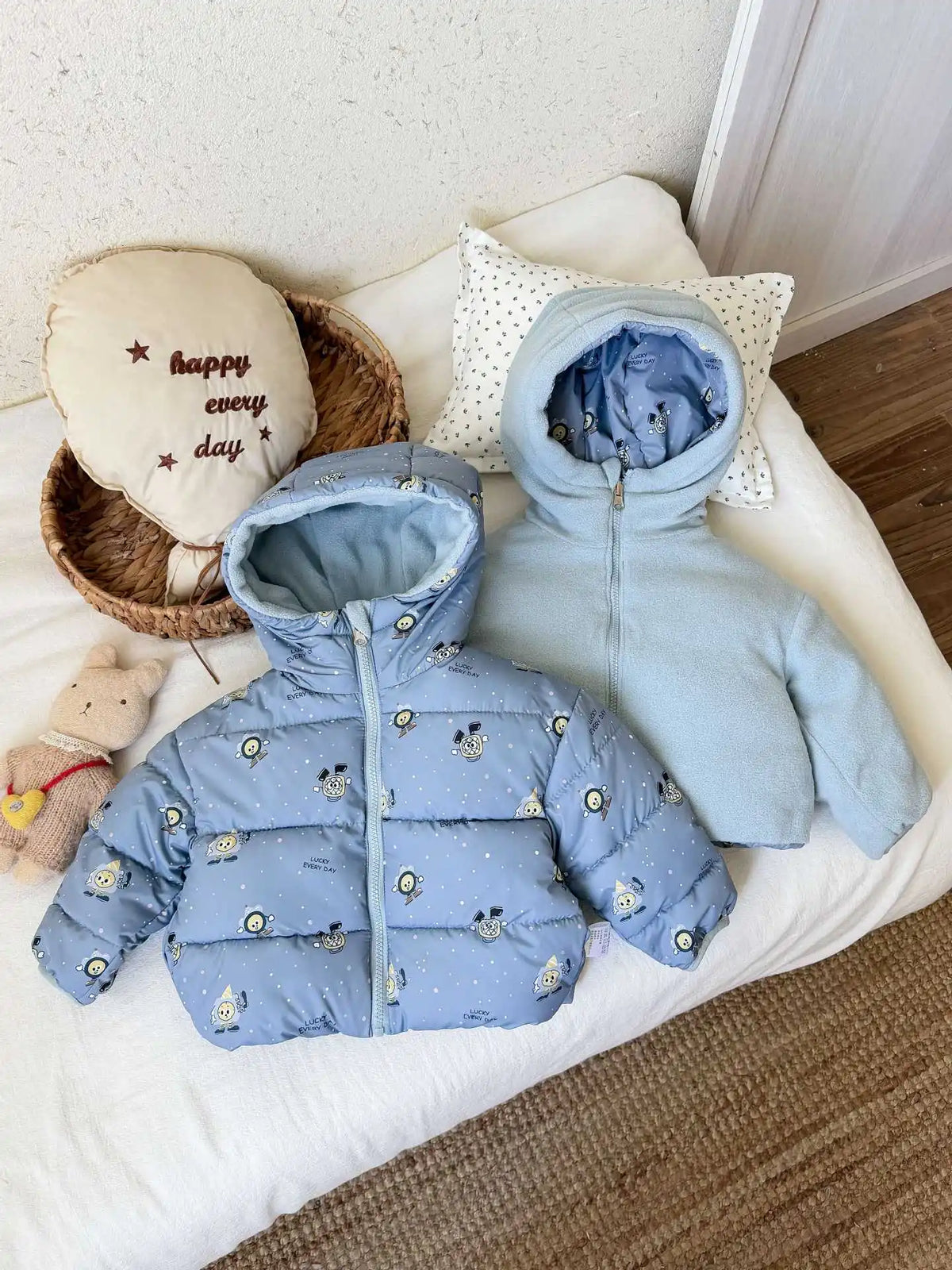Reversible Bunny Print Hooded Puffer Jacket for Girls