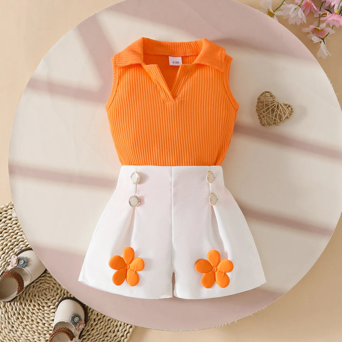 Floral Appliqué Ribbed Top & Pleated Shorts Set for Girls