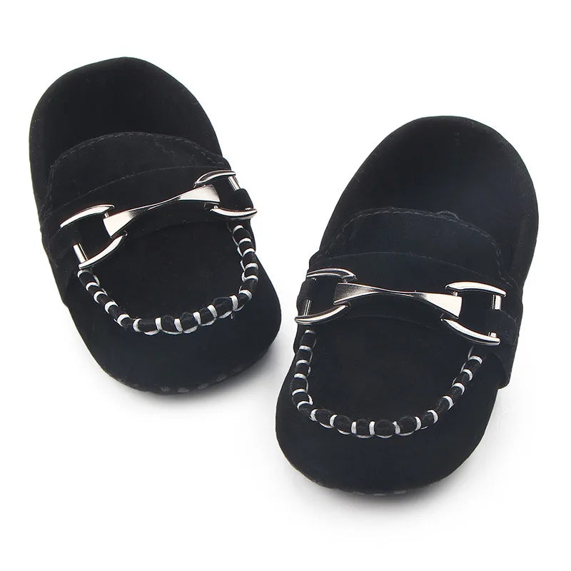 Metal Buckle Suede-Look Baby Loafers with Contrast Stitching