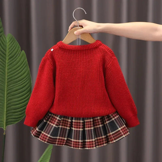 Plush Bunny Knit Cardigan & Plaid Skirt Set for Girls