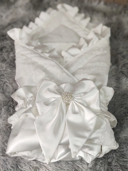 Lace-Trim Satin Baby Swaddle Blanket with Floral Bow