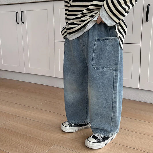 Washed Patch-Pocket Loose Jeans for Boys
