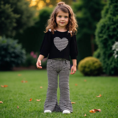 Houndstooth Heart Girls’ Top, Flare Pants & Beret Set
