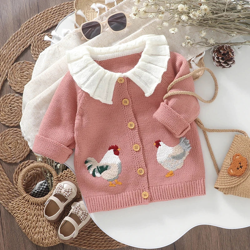 Baby & Toddler Girls Knit Cardigan Sweater (6 Months–3 Years) – Ruffled Collar, Rooster Embroidery