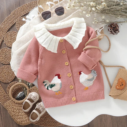 Baby & Toddler Girls Knit Cardigan Sweater (6 Months–3 Years) – Ruffled Collar, Rooster Embroidery