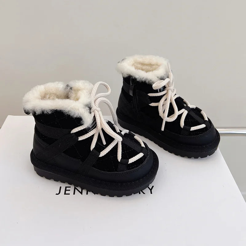 Fluffy-Collar Lace-Up Winter Ankle Boots for Kids