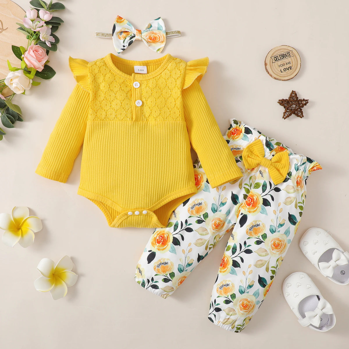 Floral Ribbed Bodysuit, Pants & Bow Headband Set for Baby Girls