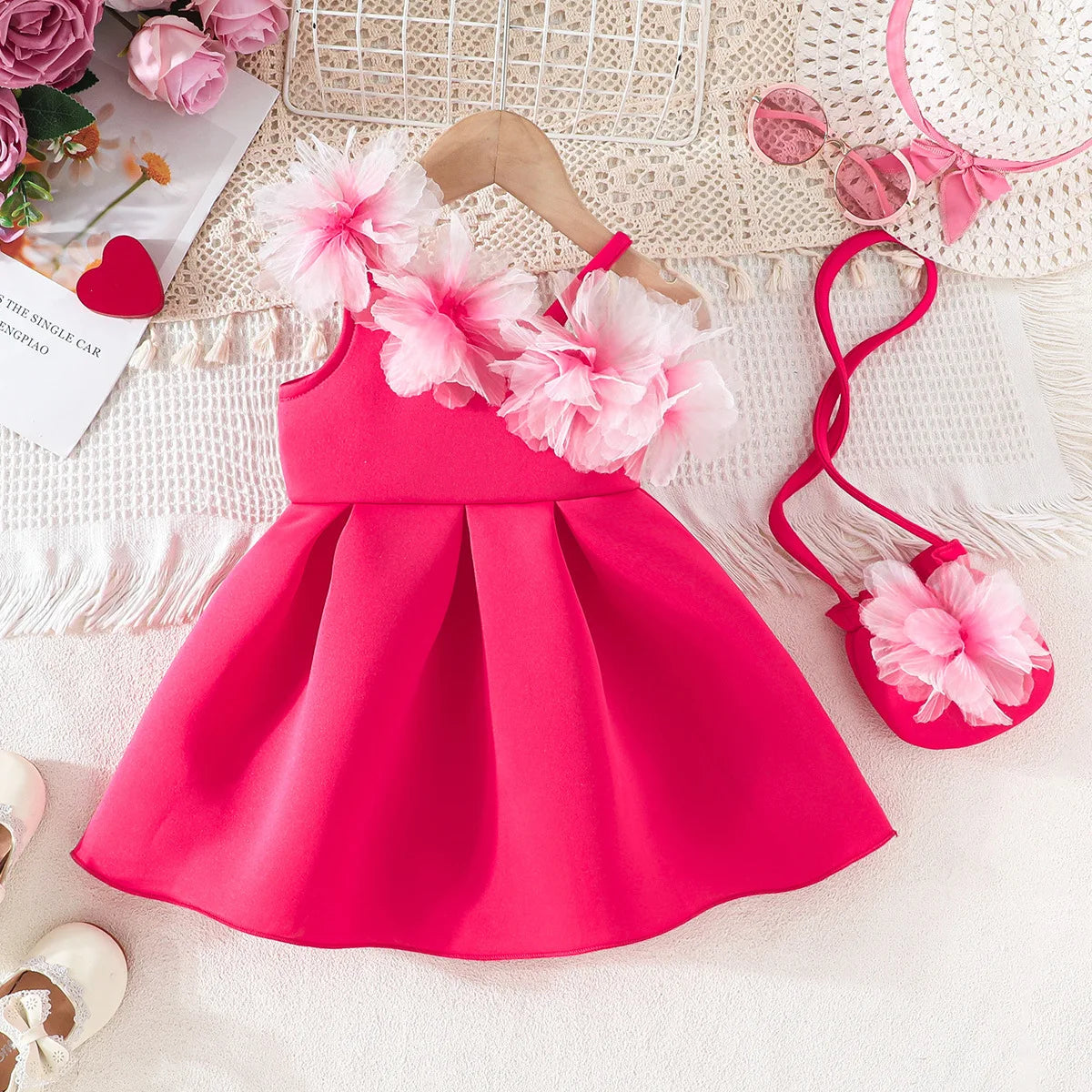 Flower-Shoulder A-Line Party Dress for Girls