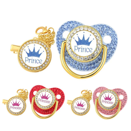 Royal Crown Rhinestone Pacifier & Clip Set for Babies